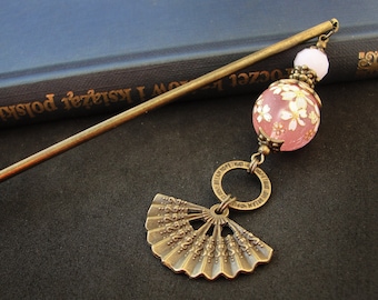 Japanese hair stick, sakura blossom print, pink tensha bead, folding fan charm, metal or wooden rod