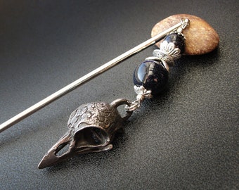 Raven skull hairpin, blue sandstone beads, metal or wooden rod