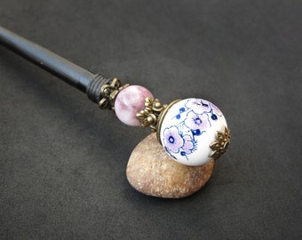 Sakura hair stick with ceramic and lepidolite, wooden chopstick made to order length