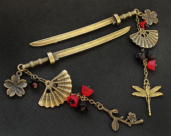 Japanese Katana Hair Stick: Red & Black Sakura Blossom Kanzashi