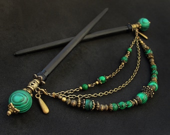 Set of 2 japanese wooden hair sticks with malachite, removable chain