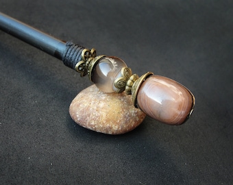 Wooden hair stick with brown agate gemstone, custom usable length