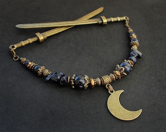 Crescent moon hair sticks, blue goldstone, katana chopstick set, short hairpins for small bun, bronze metal color