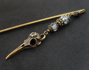Horquilla de cuervo, horquilla de calavera de pájaro, cristal craquelado blanco y negro, metal color bronce