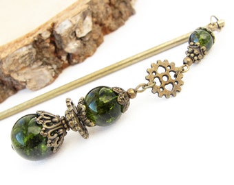 Needle hair stick with green black beads, gears cogs charms, bronze metal color