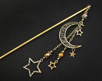 Crescent moon hair stick, golden fine crystals, dangling star charms
