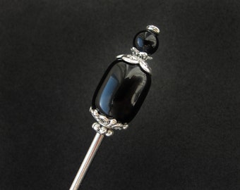 Japanese tama kanzashi, black onyx hair stick, silver metal color, very thin pin