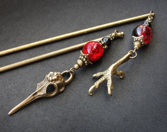 Enkele of set ravenhaarstokken, metalen vogelschedel en klauwenhaarspelden, bronzen kleur gotische sieraden