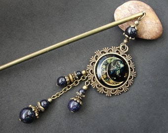 Crescent moon hair stick, blue goldstone, sparkling bun ornament