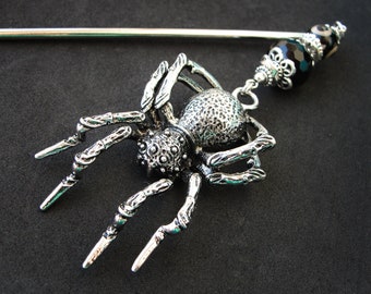 Giant spider hair stick, halloween hairpin, black onyx gothic witch