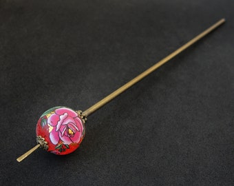 Pink rose tama kanzashi, matte red tensha, thin bronze hairpin, 5.5" usable length