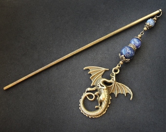 Wyvern hair stick, dragon updo ornament, purple vein agate, fantasy bun garnish