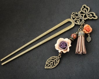 Chignon hair fork with brown fimo rose, two prong hairpin