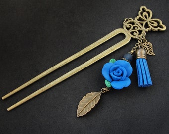 Chignon hair fork with blue fimo rose, two prong hairpin