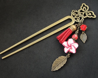 Chignon hair fork with red white flower, bronze bun ornament