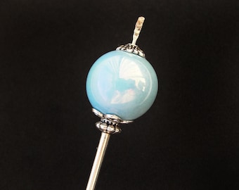 Japanese tama kanzashi, powder blue ceramic, very thin hair stick in silver color
