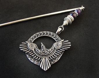 Crow raven hairpin, Odin bird hair stick, amethyst, silver metal color