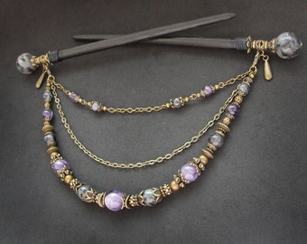 Set of 2 wooden hair sticks, labradorite with amethyst, removable chain