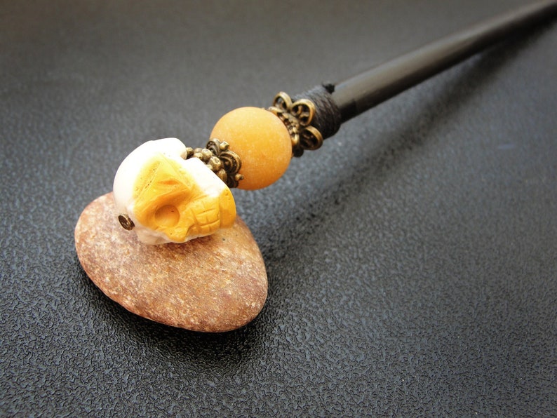 Wooden hair prong with mookaite skull stone and matte adventurine image 1
