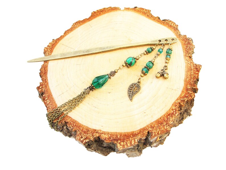 Metal hair stick with malachite peacock green fine beads hairpin hair chopstick hair ornament hair jewellery bun decoration hair accessory