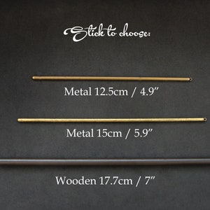 May include: Three different lengths of dowels for hanging macrame. The dowels are made of metal and wood. The metal dowels are 12.5 inches and 15 inches long. The wooden dowel is 17.7 inches long.