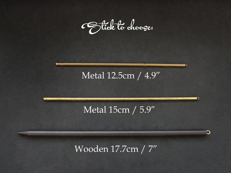 May include: Three different lengths of dowels for hanging macrame. The dowels are made of metal and wood. The metal dowels are 12.5 inches and 15 inches long. The wooden dowel is 17.7 inches long.
