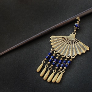 Japanese fan hair stick, wooden bun chopstick, bronze metal, geisha hairpiece, navy blue crystals