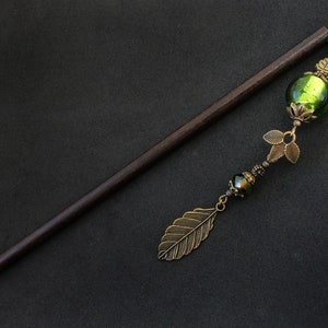 Leaf hair stick, green glass beads, metal or wooden pin image 2