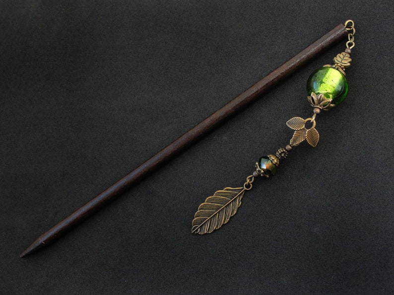 Leaf hair stick, green glass beads, metal or wooden pin image 2