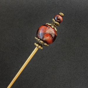 Modest tama kanzashi, red tiger eye, thin hair needle in bronze color, 5.5 usable length image 3