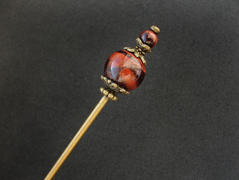 Modest tama kanzashi, red tiger eye, thin hair needle in bronze color, 5.5 usable length image 3