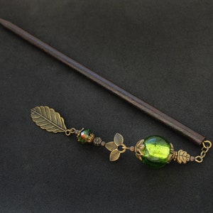 Leaf hair stick, green glass beads, metal or wooden pin image 4