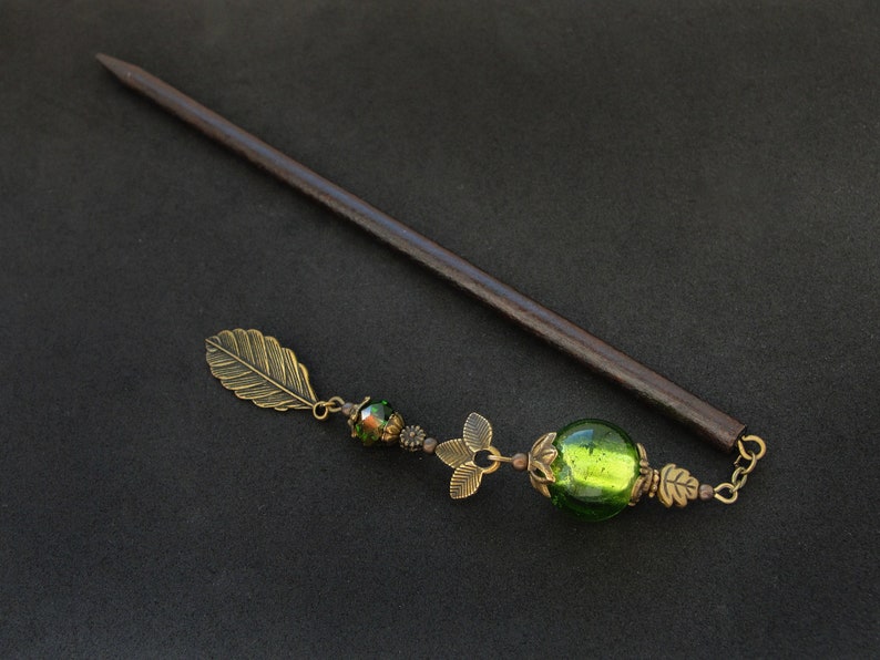 Leaf hair stick, green glass beads, metal or wooden pin image 4