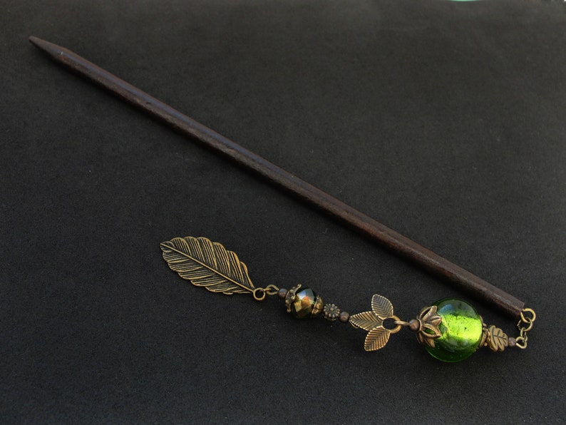 Leaf hair stick, green glass beads, metal or wooden pin image 6