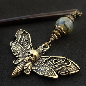 Death moth hair stick, gothic skull bun decoration, wooden chopstick, dragon agate and bronze metal