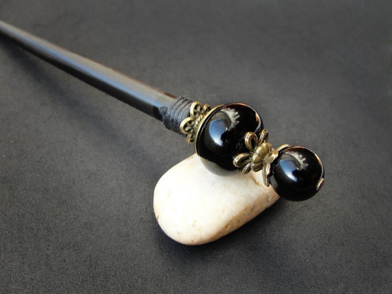 Black Onyx Hairpin, Thick Wooden Stick - Etsy