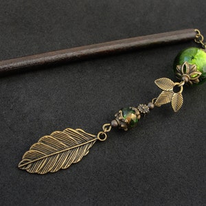 Leaf hair stick, green glass beads, metal or wooden pin image 7