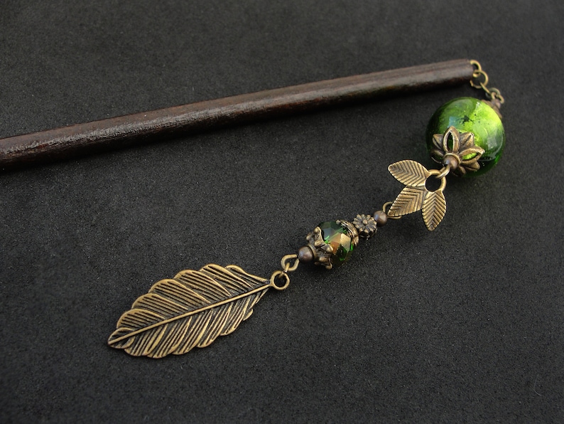 Leaf hair stick, green glass beads, metal or wooden pin image 7