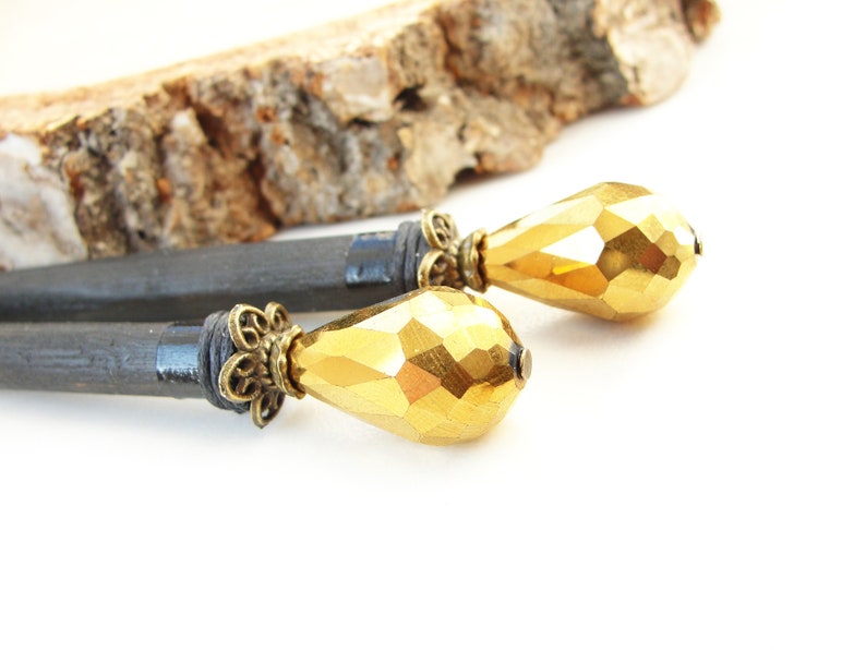 Set Of 2 Wooden Hair Sticks Golden Crystals Japanese Etsy
