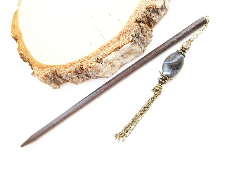 Hair stick black white kanzashi wood hair bun pin hair decoration hair pick wooden chopstick asian hair piece orient jewellery gift idea