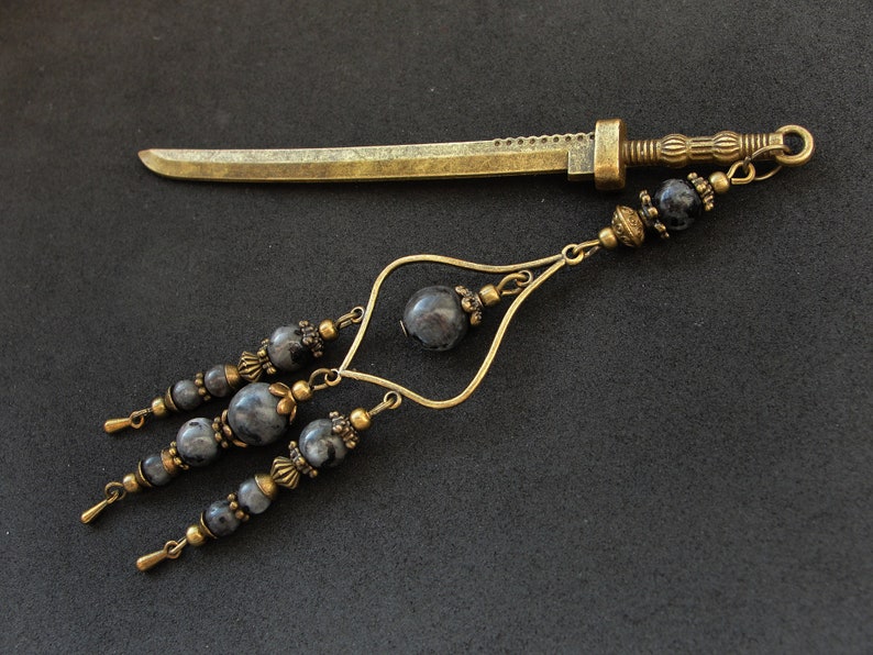 Metal hair stick with labradorite stone beads japanese kanzashi hair pin ornament chopstick hair decoration hair slide orient jewellery