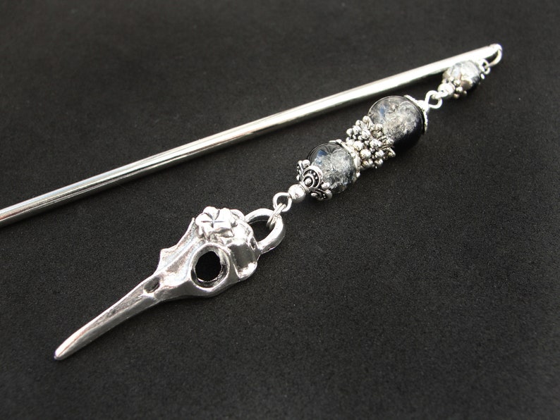 Raven hair stick, bird skull hairpin, white black crackle glass, silver metal color image 1