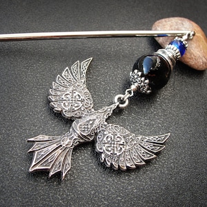 Viking raven hairpin, metal or wooden rod image 1