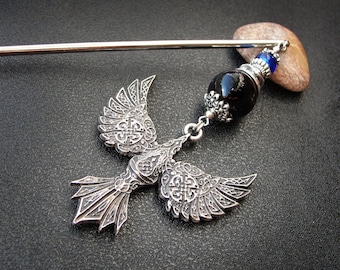 Viking raven hairpin, metal or wooden rod