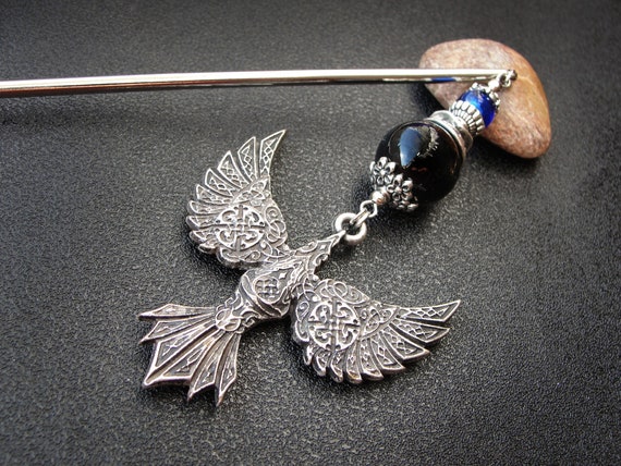 Viking raven hairpin, metal or wooden rod