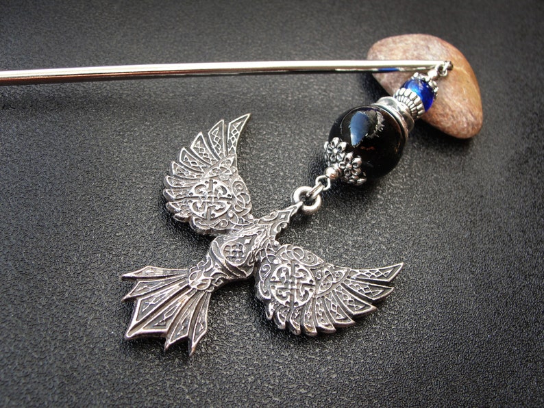 Viking raven hairpin, metal or wooden rod image 1