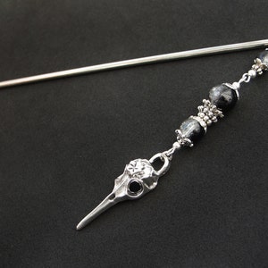 Raven hair stick, bird skull hairpin, white black crackle glass, silver metal color image 8