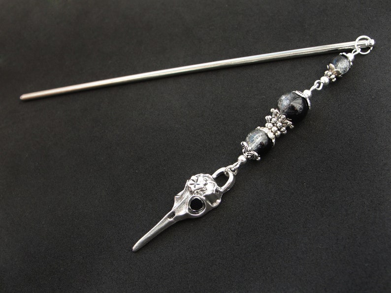 Raven hair stick, bird skull hairpin, white black crackle glass, silver metal color image 8