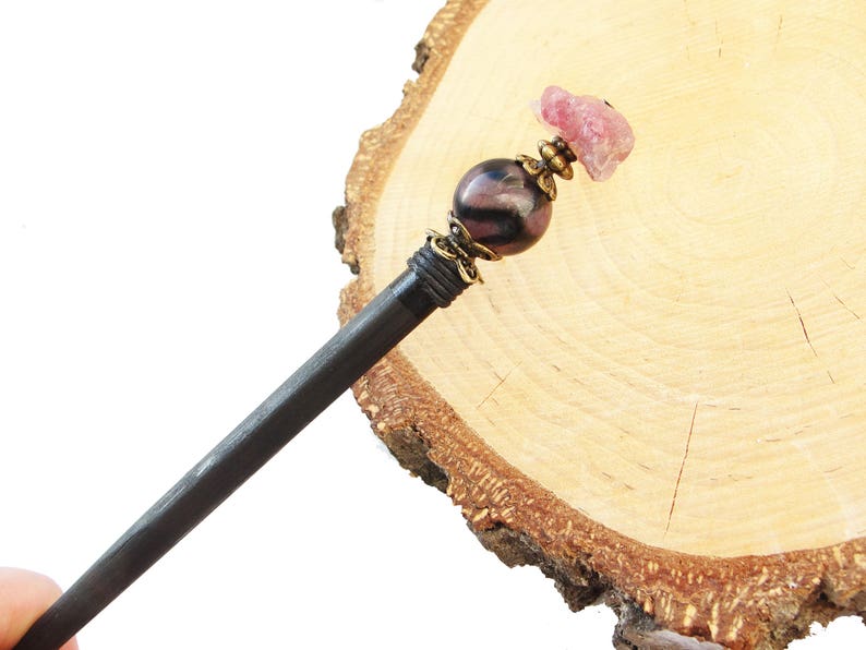 hair ornament chopstick geisha hair piece Wooden hair stick raw tourmaline and purple agate purple black kanzashi hairpin wood