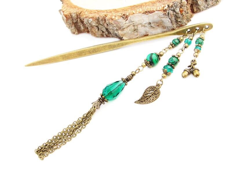 Metal hair stick with malachite peacock green fine beads hairpin hair chopstick hair ornament hair jewellery bun decoration hair accessory